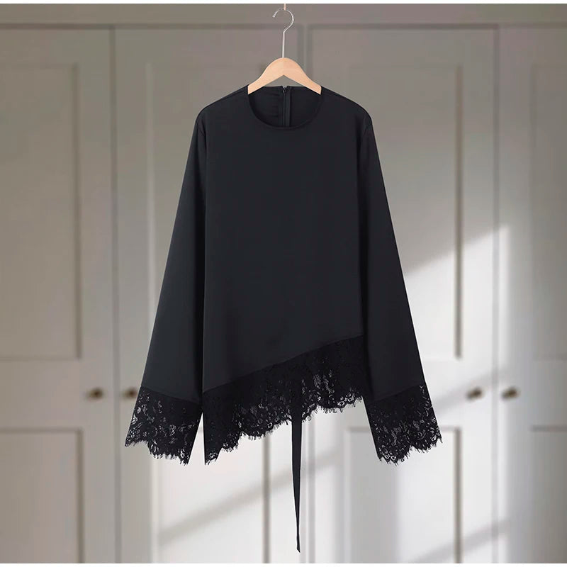 Elegant Satin Lace Patchwork Top Women O-neck Loose Long Sleeves Strappy Female shirt 2026 Spring Autumn Chic Lady T-shirt