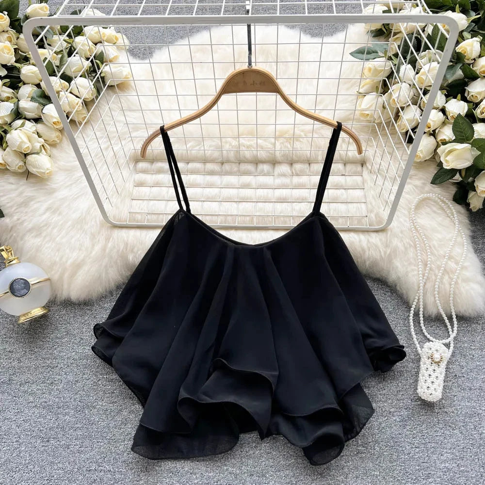New Summer Spaghetti Straps Ruffle Sleeveless Tanks and Camis Korean Corset Crop Tops Solid Tank Camisoles Women Clothes Y2k