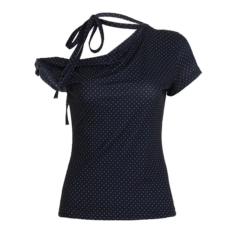 Sweet Polka Dot Prints T-Shirts Fashion Women Cute Design One-Shoulder Summer Tops Casual Korean Office Lady Commute Slim Tees