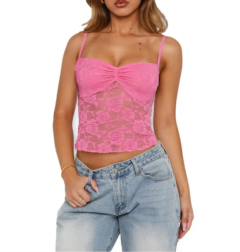 Women's Summer Lace Cami Tops Sleeveless Ruched Front Solid Color Camisole Slim Fit Tank Tops