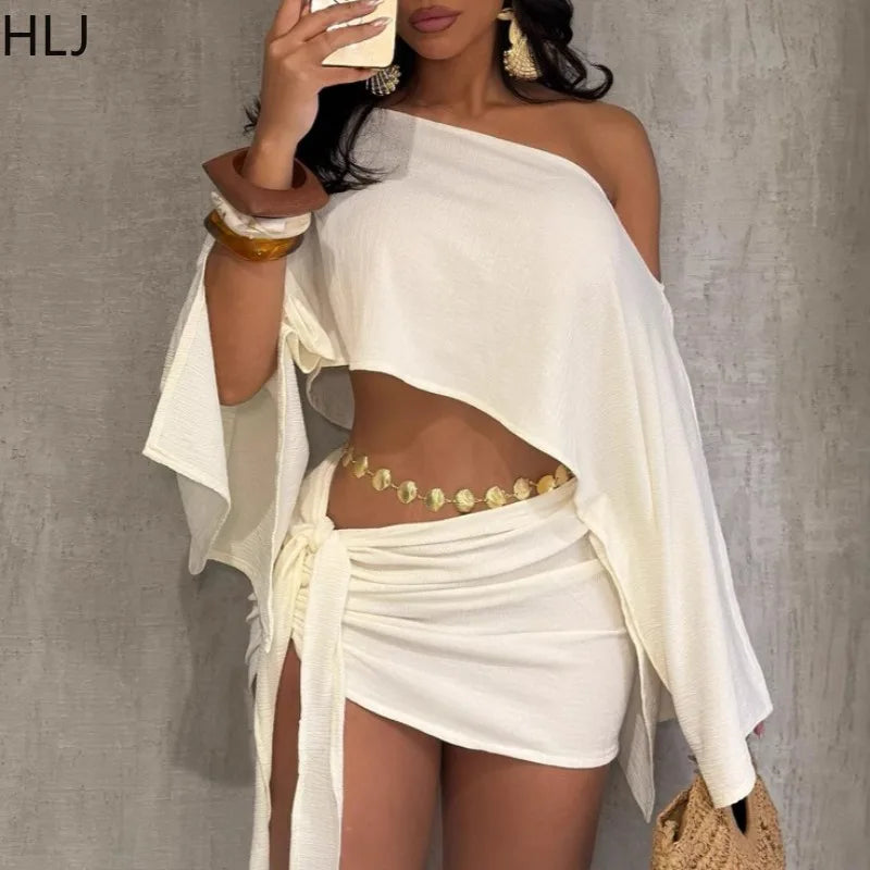 HLJ Elegant Off Showlder Two Piece Outfits Woman Summer One Shoulder Flared Sleeve Loose Crop Top and Skirt Suit Streetwear New