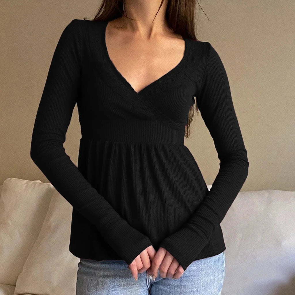 Women Y2k V Neck Lace Trim Long Sleeve Shirt Fairycore Slim Fit Ruffle Ribbed Knit Peplum Top Aesthetic Fall Clothes