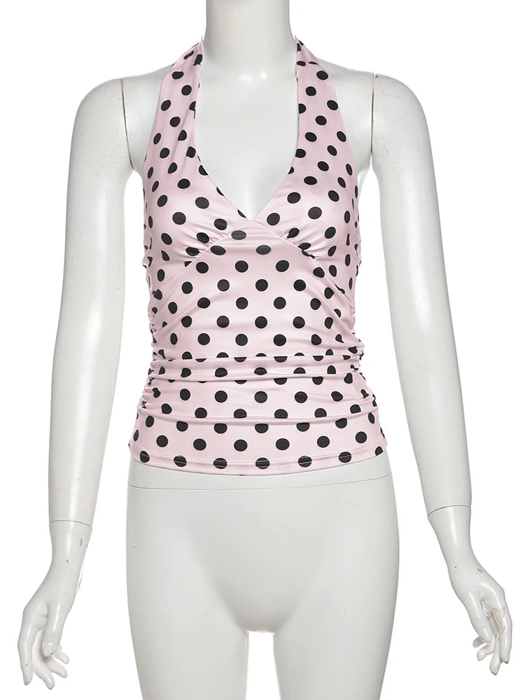 Weird Puss Polka Dot Print Vest Women Y2K Lace-Up Backless Halter v-Neck Skinny Summer Trend Daily  Street Basic Chic Tank Tops