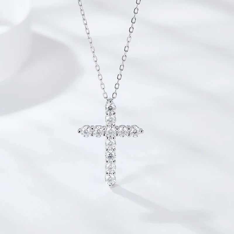 Full Moissanite Cross Pendant Necklace Original 925 Sterling Silver Chain Plated 18K White Gold Fine Necklace for Women Jewelry