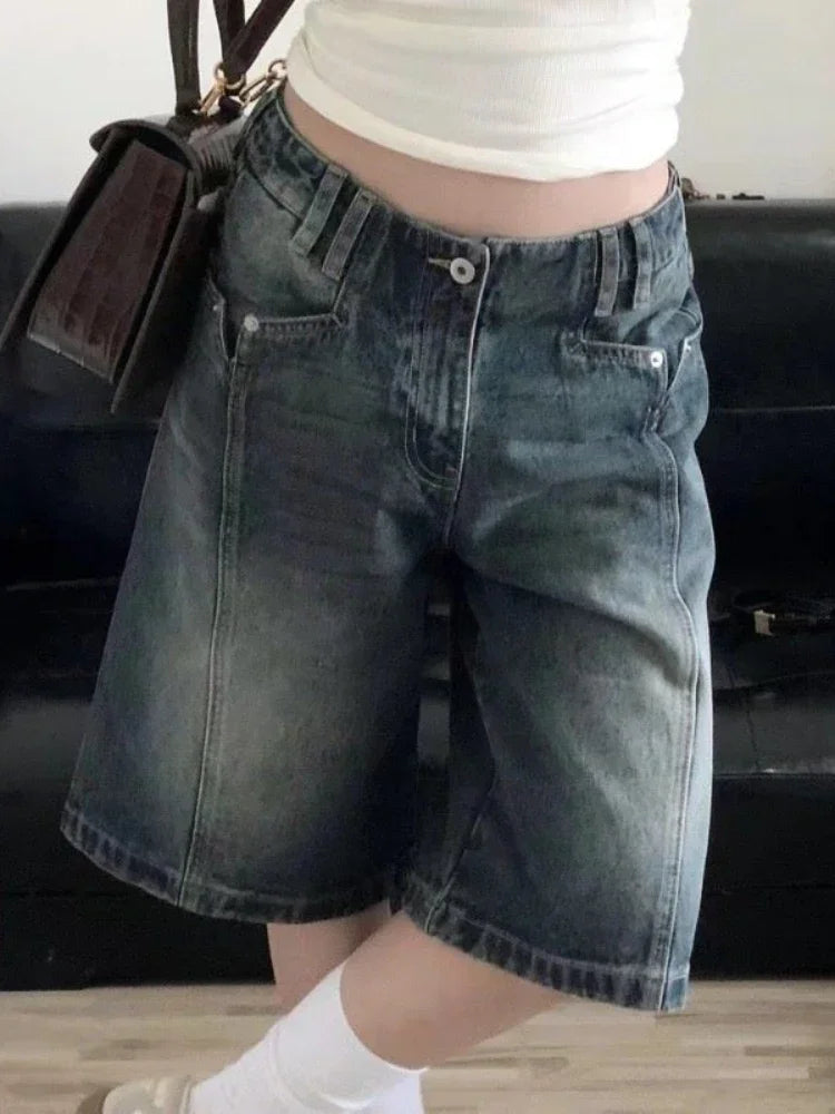 HOUZHOU Y2K Vintage Women Denim Shorts Baggy High Waist Korean Wide Leg Jorts Casual Oversize Washed Jeans Streetwear Summer