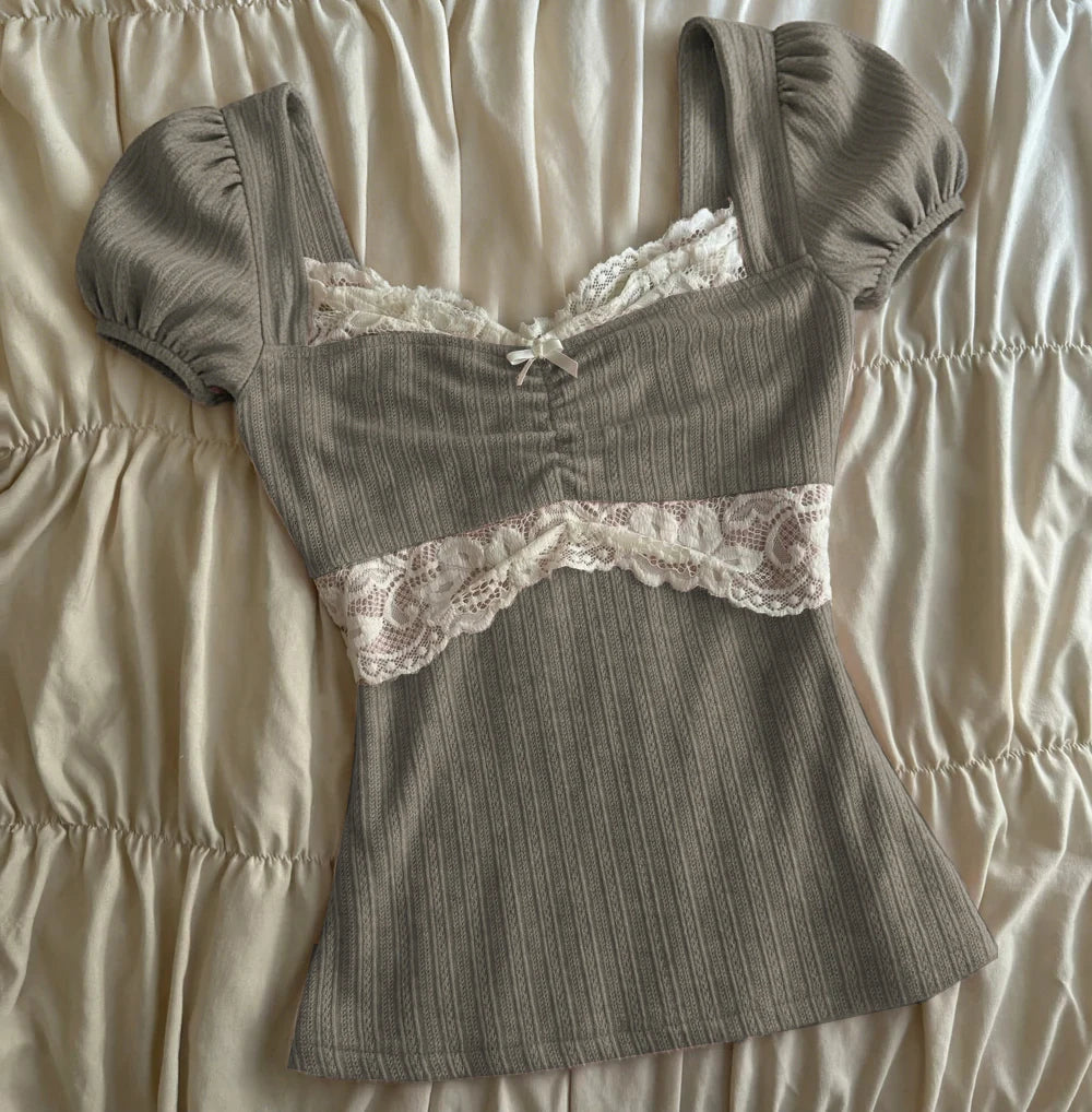 Summer Lace Patchwork Coquette T-shirt Ribbed Knit Slim Fit Milkmaid Tees Women Short Sleeve Y2k Grunge Crop Tops Aesthetic
