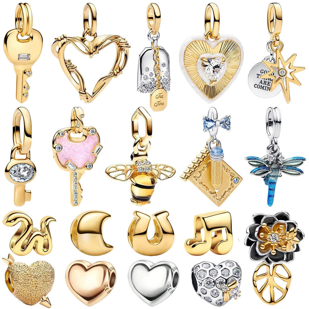 925 Sterling Silver Heart Shaped Key Lock Couple Charms Enamel Insect Pendent Horseshoe Floral Beads Fit Bracelet Custom Gift