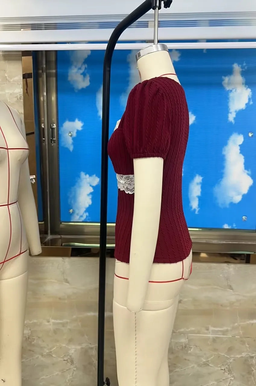 Summer Lace Patchwork Coquette T-shirt Ribbed Knit Slim Fit Milkmaid Tees Women Short Sleeve Y2k Grunge Crop Tops Aesthetic