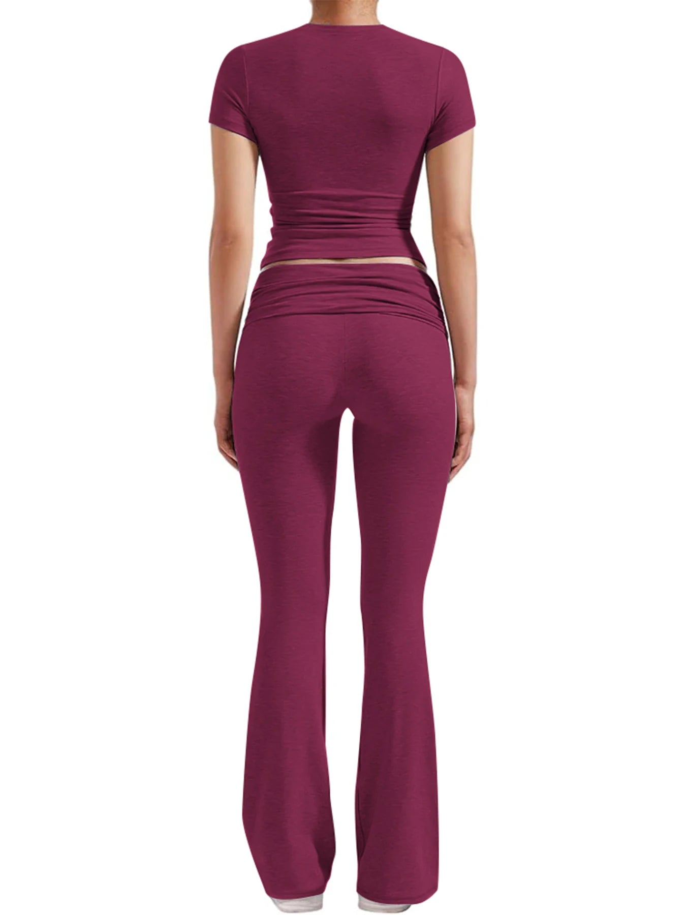 Casual Workout Two Piece Outfits for Women Short Sleeve Crop High Waist Foldover Flare Pants Tracksuit Sets Streetwear