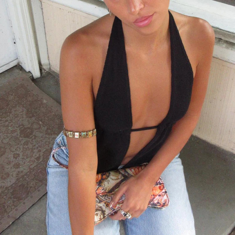 Sexy Summer Fashion Halter Women Tank Tops Solid Color Hollow Out Camisole Crop Tops Backless Bandage Cropped Club Party Camis