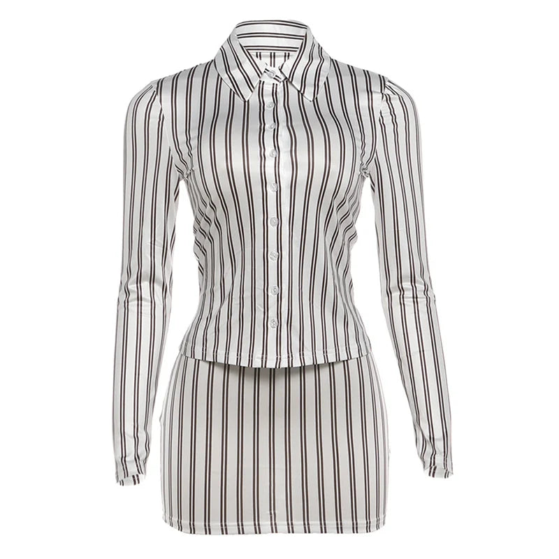 Weird Puss Stripes Print 2-Piece Set Women Tracksuit Crop Blouse+Peach Hip Skirts Matching Streetwear Office Elegant Outfits