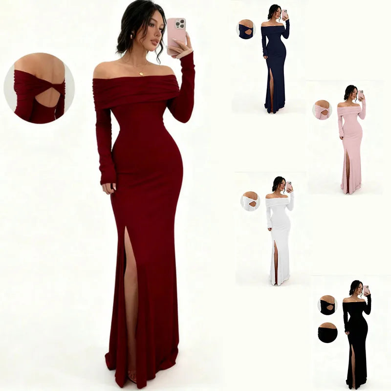 Women's Off-Shoulder Bodycon Dress - Long Sleeve High Slit Bandage Dress, Chic Figure-Hugging Midi