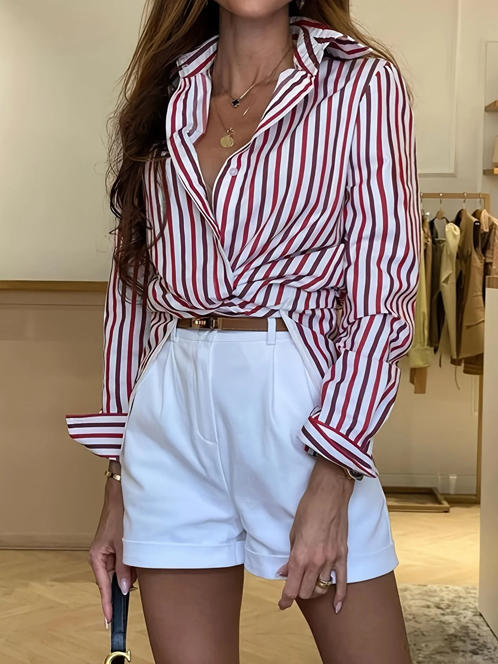Women's Red & White Striped Button Down Shirt Long Sleeve Casual Blouse