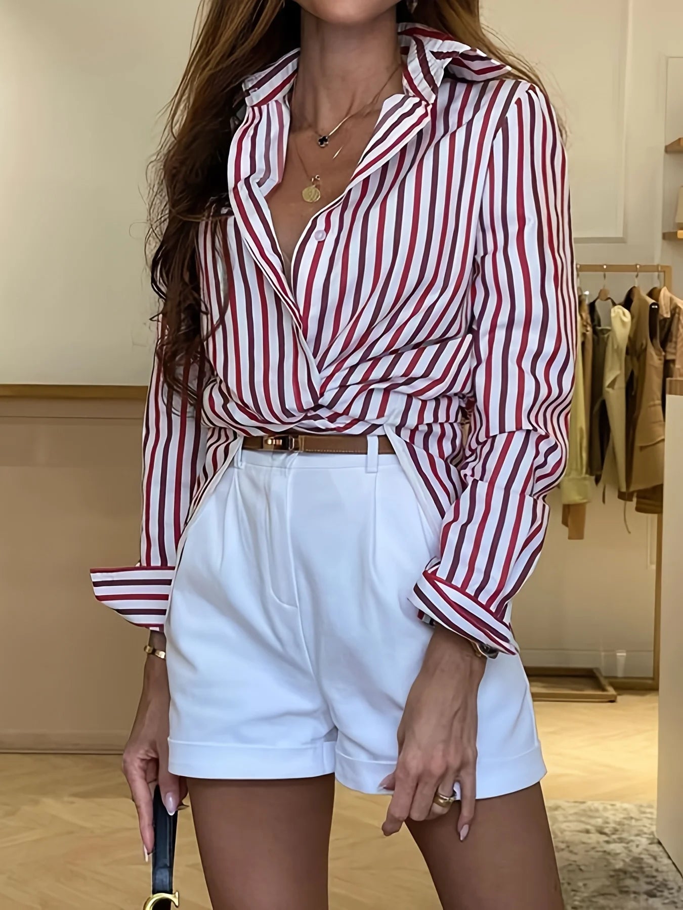 Women's Red & White Striped Button Down Shirt Long Sleeve Casual Blouse