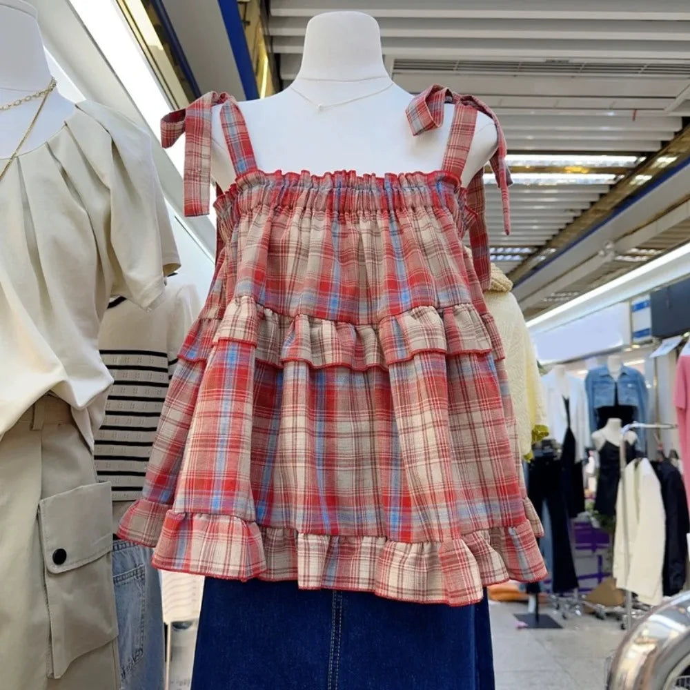 Y2K Hot Women Summer Acubi Japan Vintage Gyaru Tanks & Camis Lace Up Green Crop Top Plaid Strap Sleeveless Tank Tops Clothes