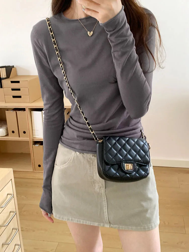 2025 Spring/Summer T-shirt Women's Top Solid Color Slimming Long Sleeve Round Neck T-shirt Women's Casual T-shirt Street Wear