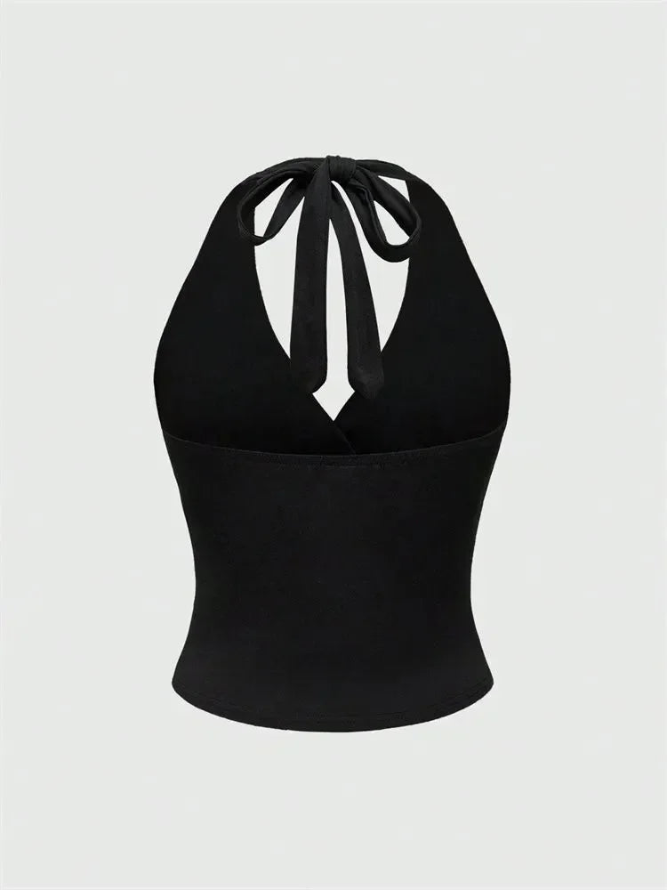 Solid V-neck Backless Halter Crop Top for Women Summer Sexy Y2K Sleeveless Ruched Top Streetwear