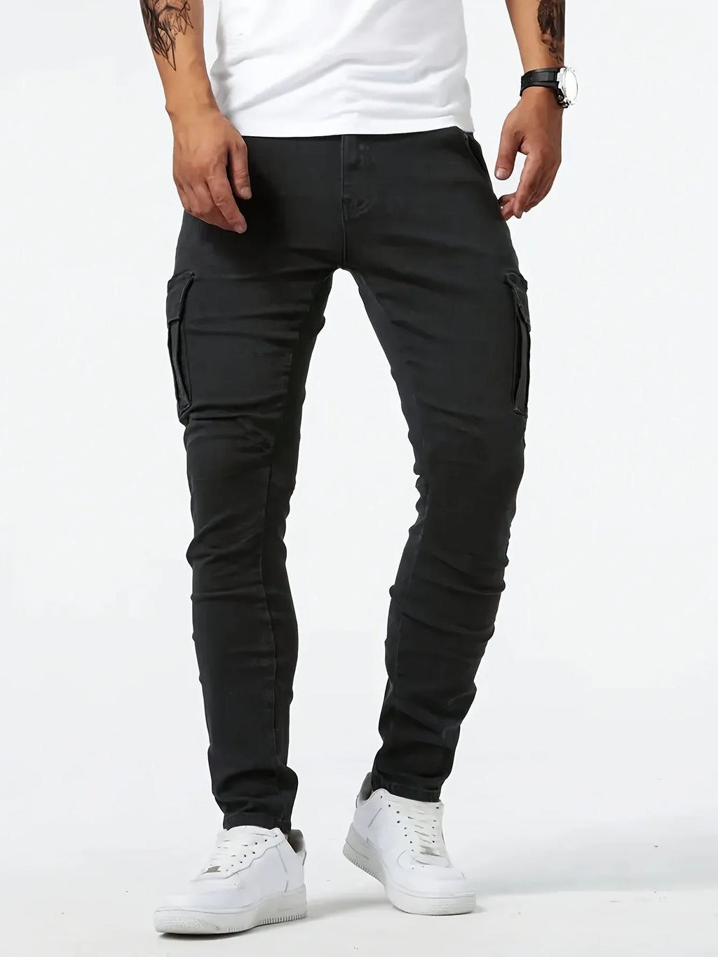 Men's workwear multi pocket jeans, casual street style straight leg denim pants