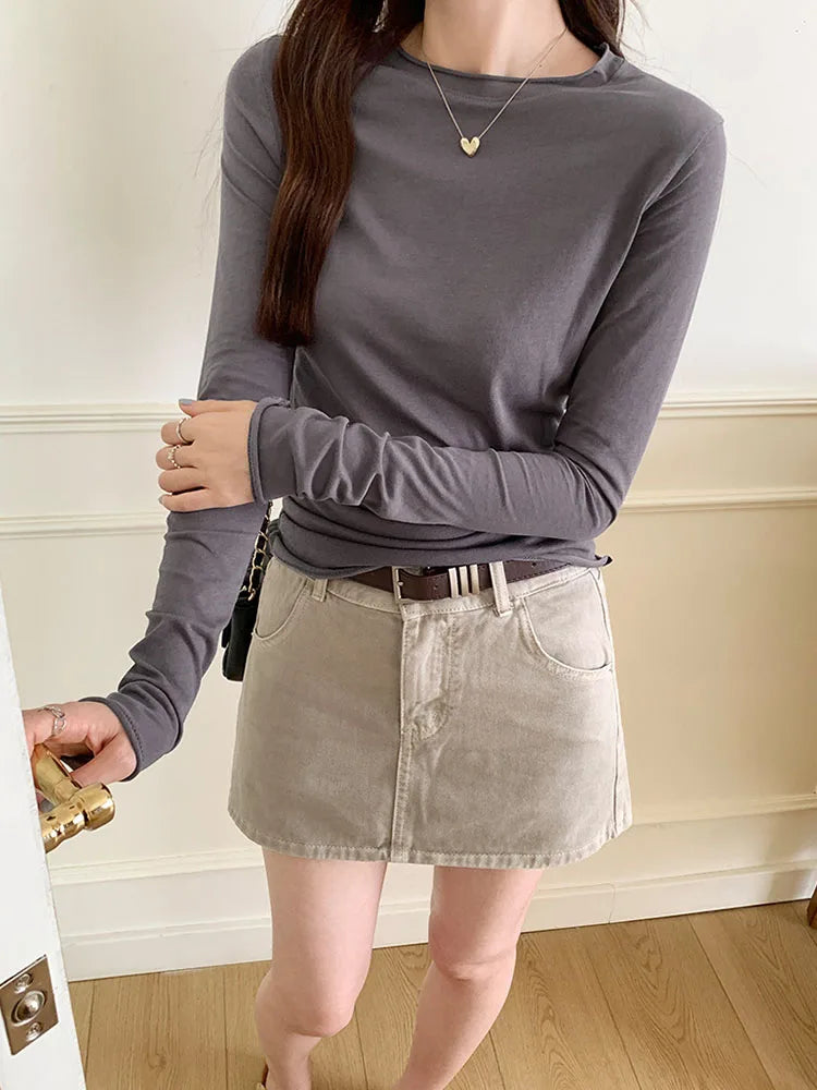 2025 Spring/Summer T-shirt Women's Top Solid Color Slimming Long Sleeve Round Neck T-shirt Women's Casual T-shirt Street Wear