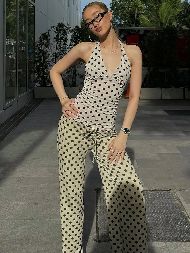 Weird Puss Polka Dot Print Vest Women Y2K Lace-Up Backless Halter v-Neck Skinny Summer Trend Daily  Street Basic Chic Tank Tops