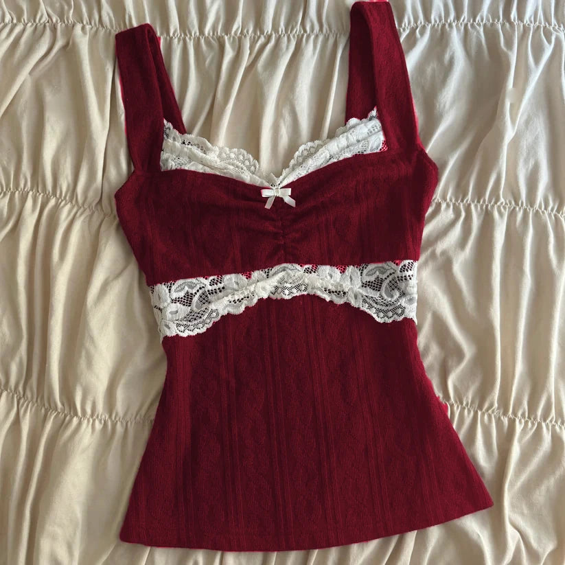 Summer Lace Patchwork Coquette T-shirt Ribbed Knit Slim Fit Milkmaid Tees Women Short Sleeve Y2k Grunge Crop Tops Aesthetic