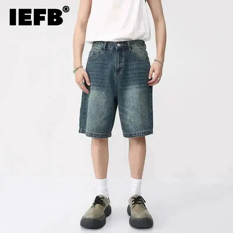 IEFB Summer Denim Shorts Men's Loose Korean Style Retro Short Jeans Fashion Washed Casual Knee Length Pant New Streetwear 9A8588