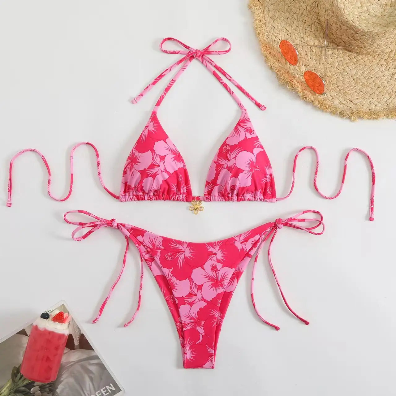 2026 Y2k Summer Cute Pink Sweet Patchwork Sets Cute Bow Design Sexy Lace-up Style Casual Bikini Swimsuit Beach Vaction Clothes