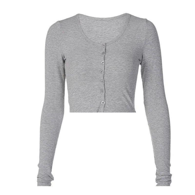 Single Breasted Tshirt Long Sleeve Crop Top Solid Color T Shirts For Women Streetwear Slim Fit Lady Outfit Camisetas Ropa Mujer