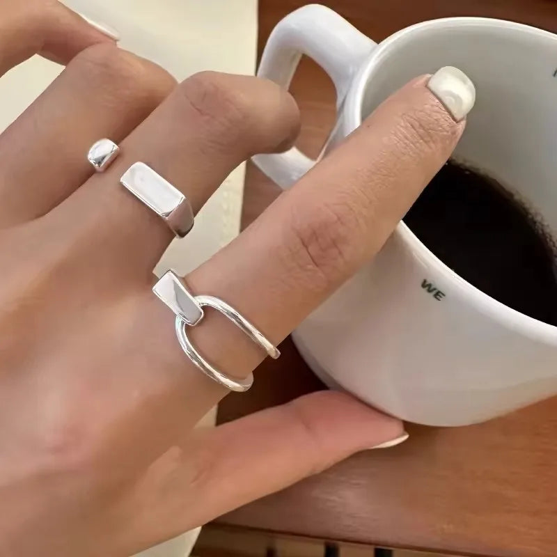 VENTFILLE 925 Sterling Silver Rings INS Fashion Hip Hop Vintage Couples Hollow Lines Punk Thai Silver Party Adjustable  Jewelry