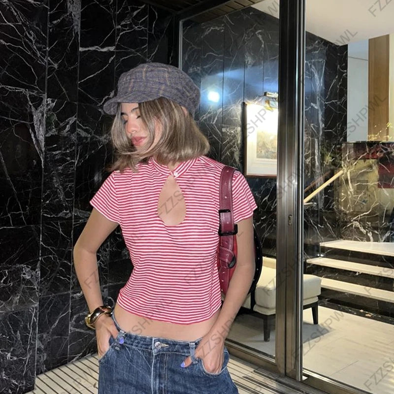 Y2K Women Short Sleeve T-Shirt Striped Aesthetic Harajuku Street Punk High Street Trash Emo Girls Daily Casual Commuter Crop Top