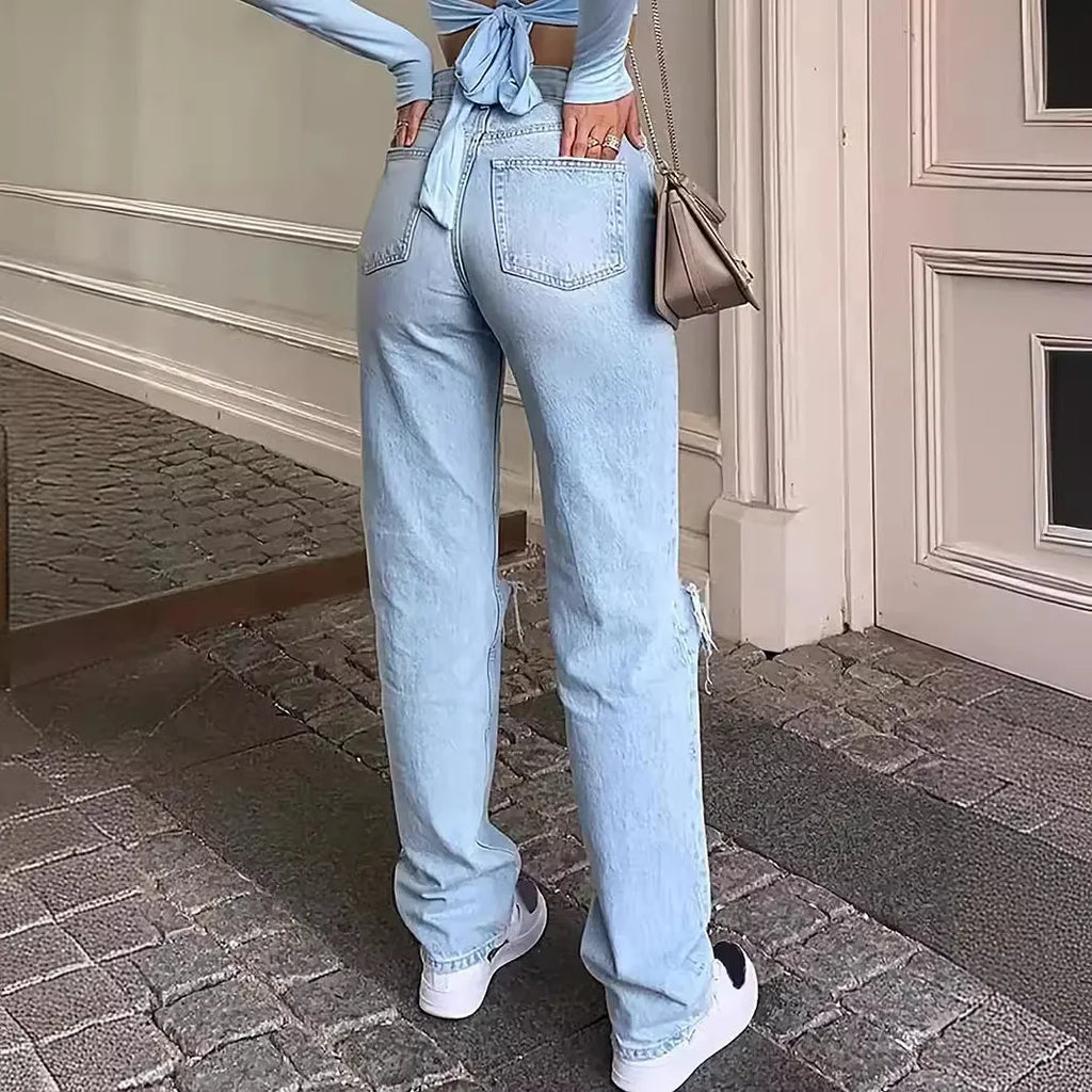 Ankle Length Ripped Holes Jean Straight Jeans Women High Waist Denim Pants Loose Washed Distressed Zipper Fly Streetwear