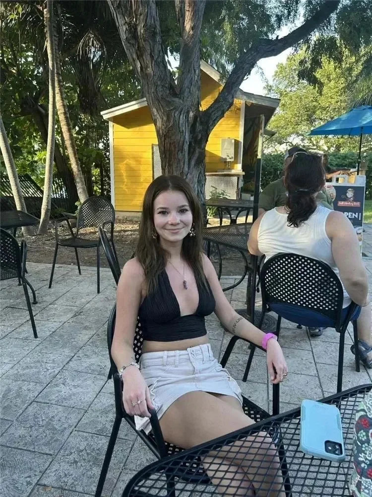 Solid White Backless Crop Halter Top Women Summer Y2K Club Grunge Clothes Deep V-neck Backless Sleeveless Tank Top Streetwear