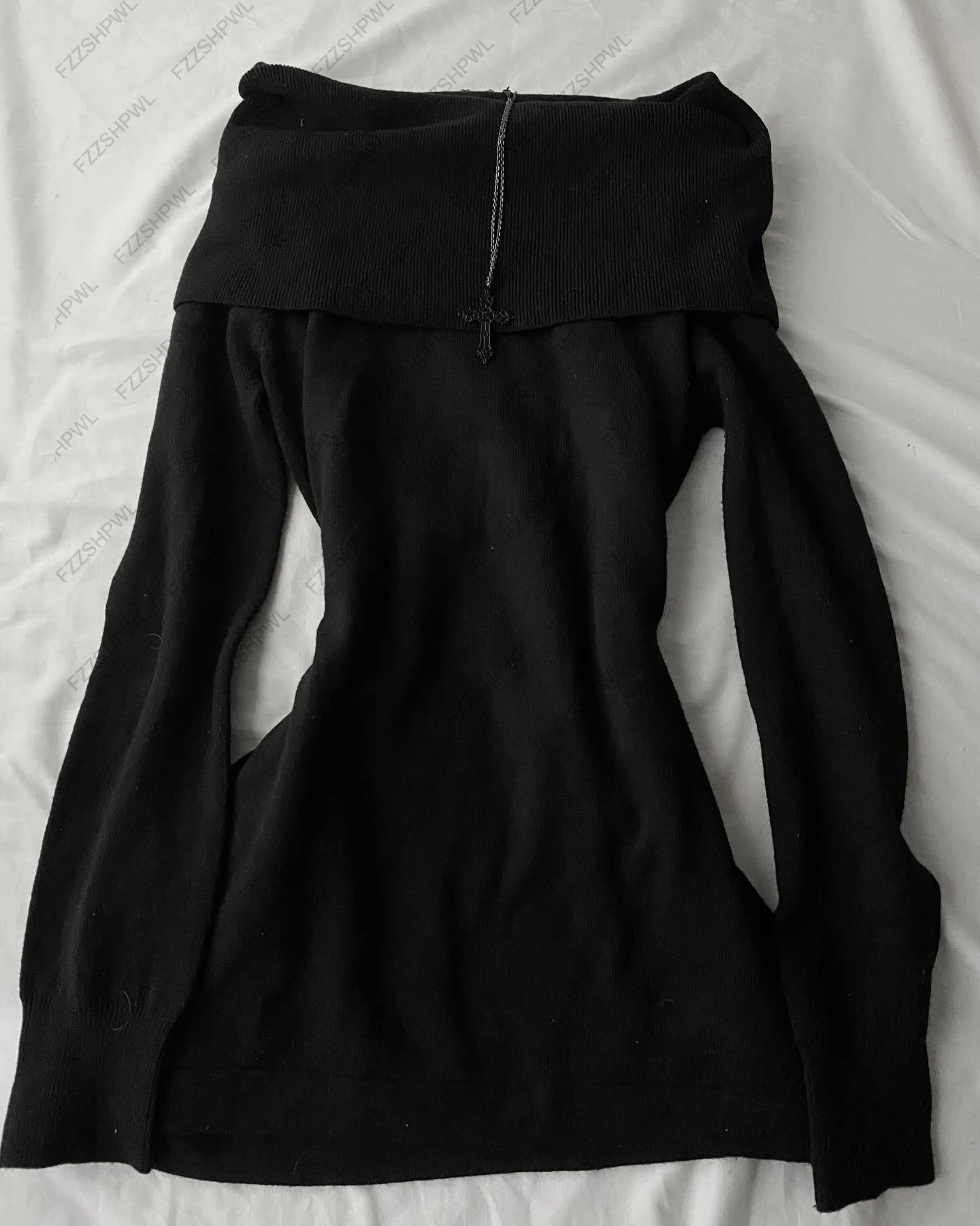 Fashion Y2K high Street black Summer new one-shoulder long-sleeved knitted pleated hip-hugging slimming leg-showing long dress