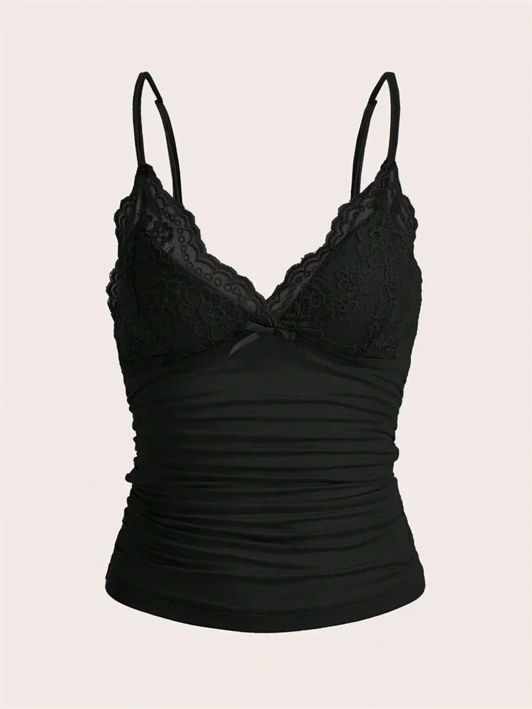 Sexy Contrast Lace Bow Front Crop Cami Top Women 2025 Summer Grunge Punk Y2K Clothes Ruched Skinny Backless Tee Shirt