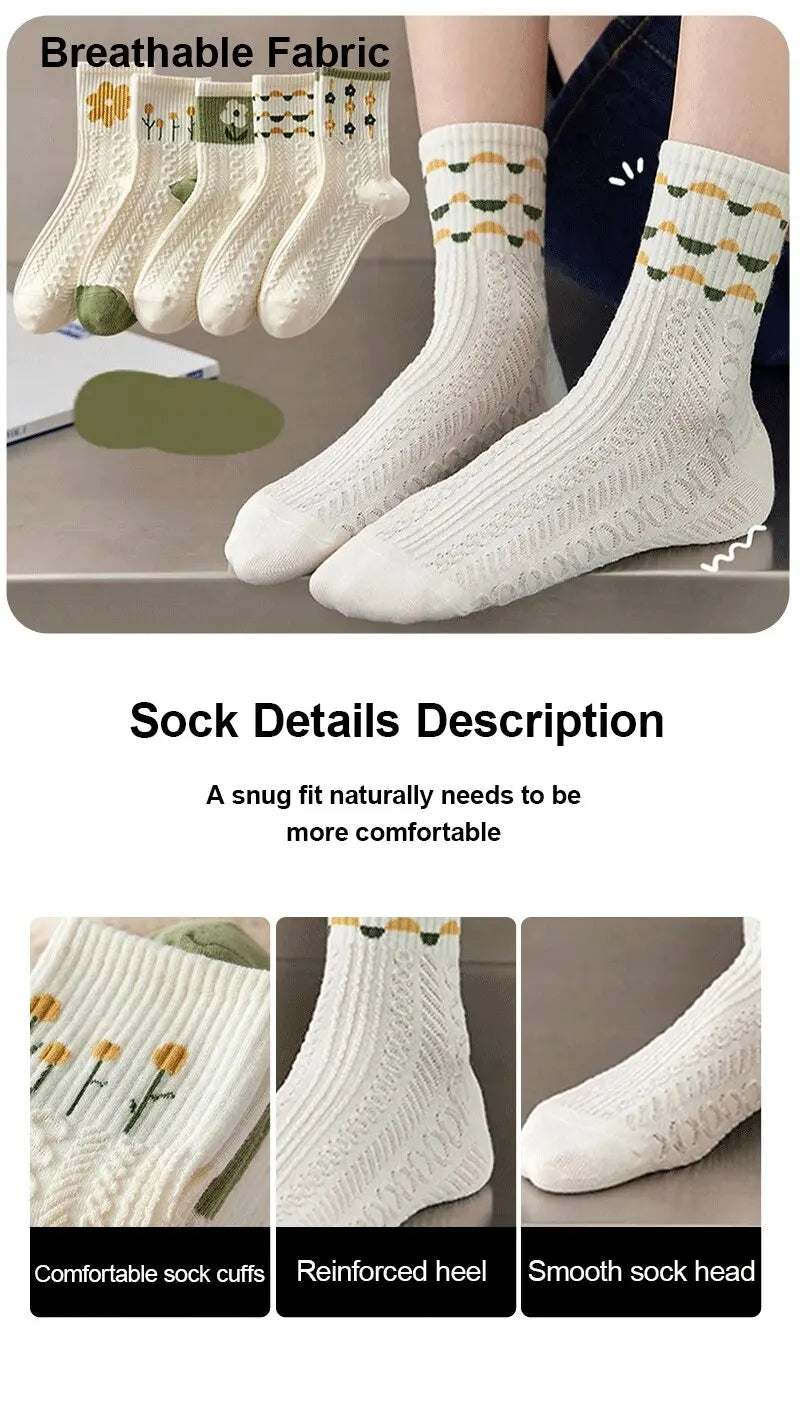 10 Pairs Women Cartoon Socks Creative Fashionable Printed Socks Soft Comfortable Lightweight Green Bottomed Midlength Socks