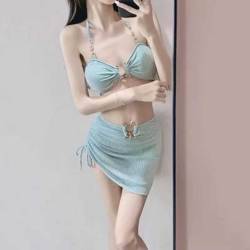 2026 Y2k Summer Cute Pink Sweet Patchwork Sets Cute Bow Design Sexy Lace-up Style Casual Bikini Swimsuit Beach Vaction Clothes