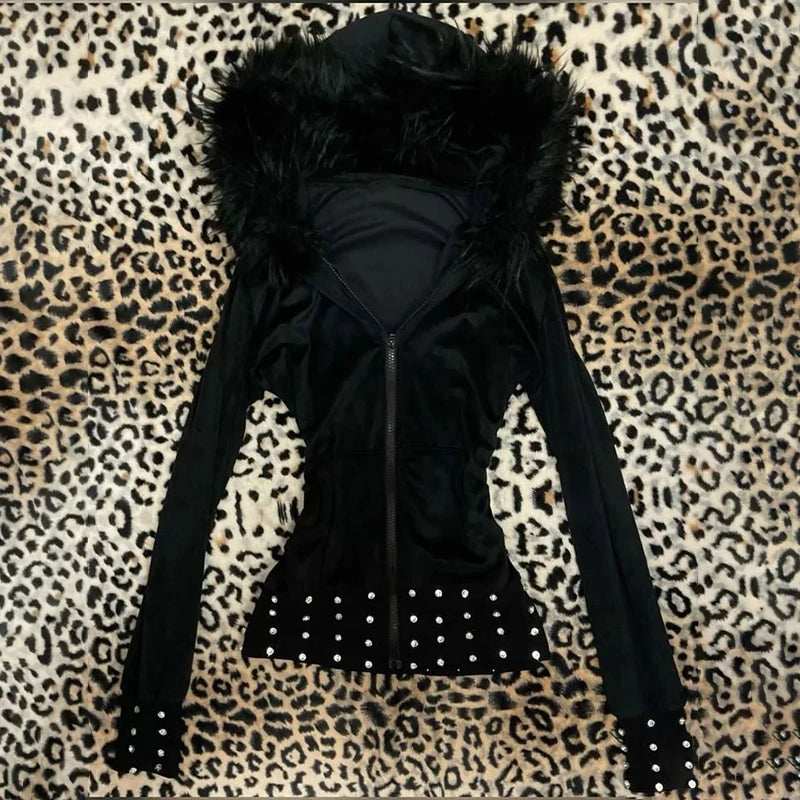 Women's 2025 Gothic Aesthetic Autumn Winter Fur Collar Hoodie Casual Slim Chic Design Cardigan Sweatshirt 2000s Harajuku Clothes