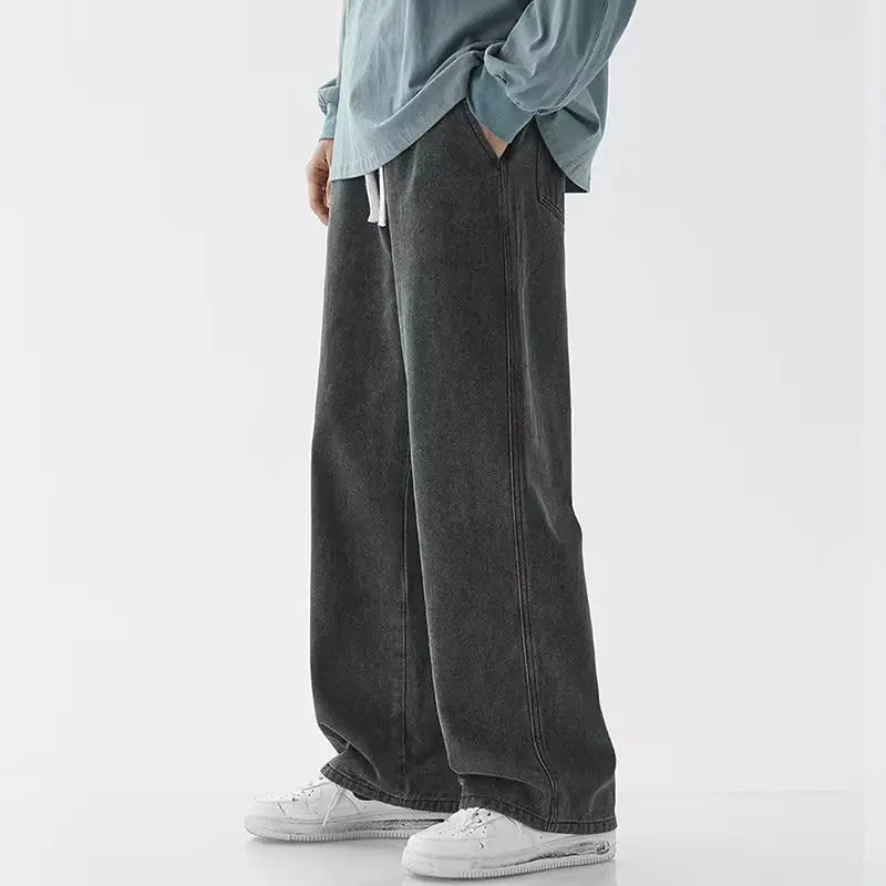 Light Wash Men's Drawstring Jeans Loose Straight Leg Floor-Length Trendy Casual Wide Leg Long Trousers Comfortable Fit