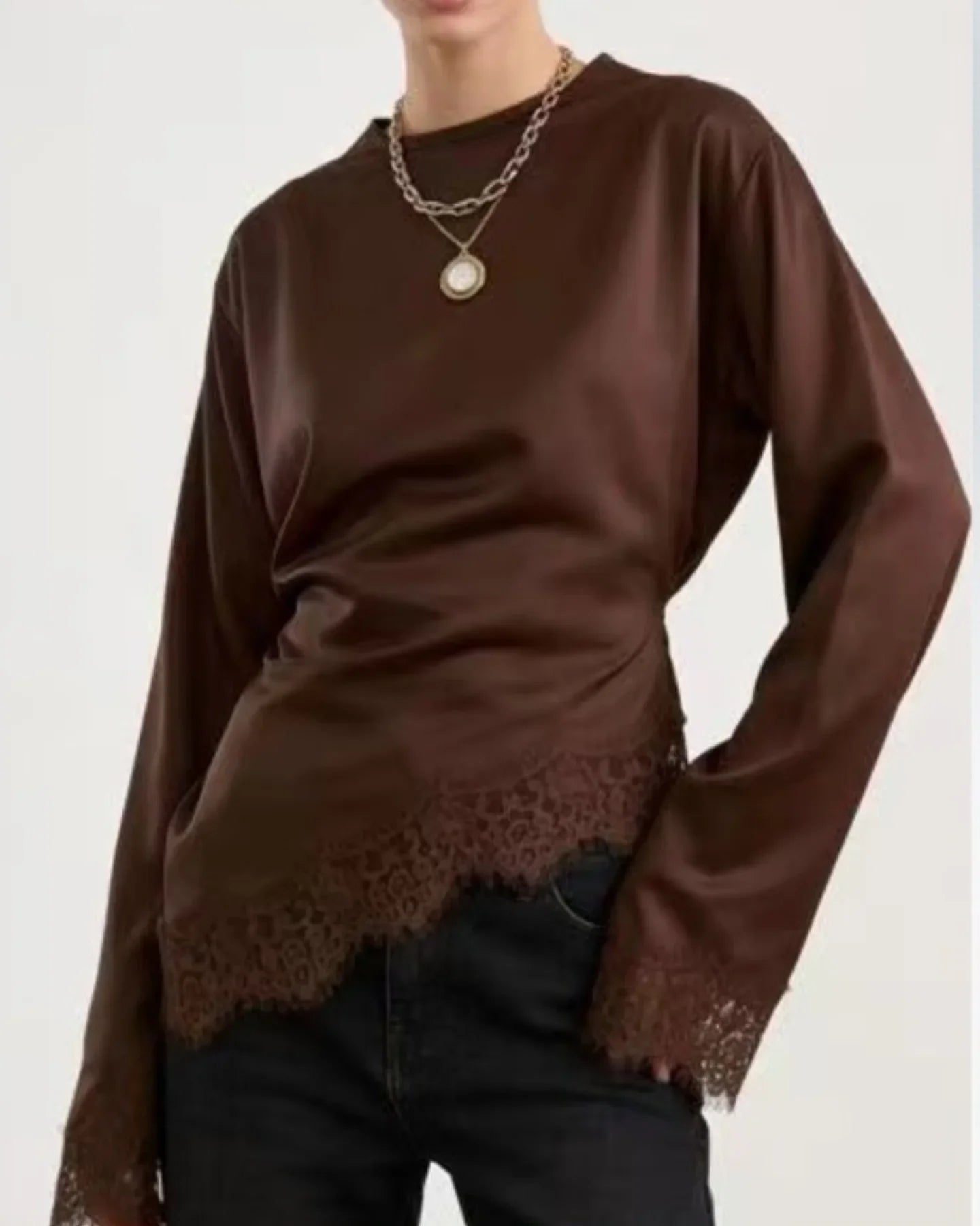 Elegant Satin Lace Patchwork Top Women O-neck Loose Long Sleeves Strappy Female shirt 2026 Spring Autumn Chic Lady T-shirt