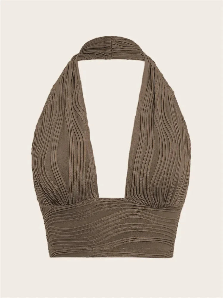 Solid White Backless Crop Halter Top Women Summer Y2K Club Grunge Clothes Deep V-neck Backless Sleeveless Tank Top Streetwear