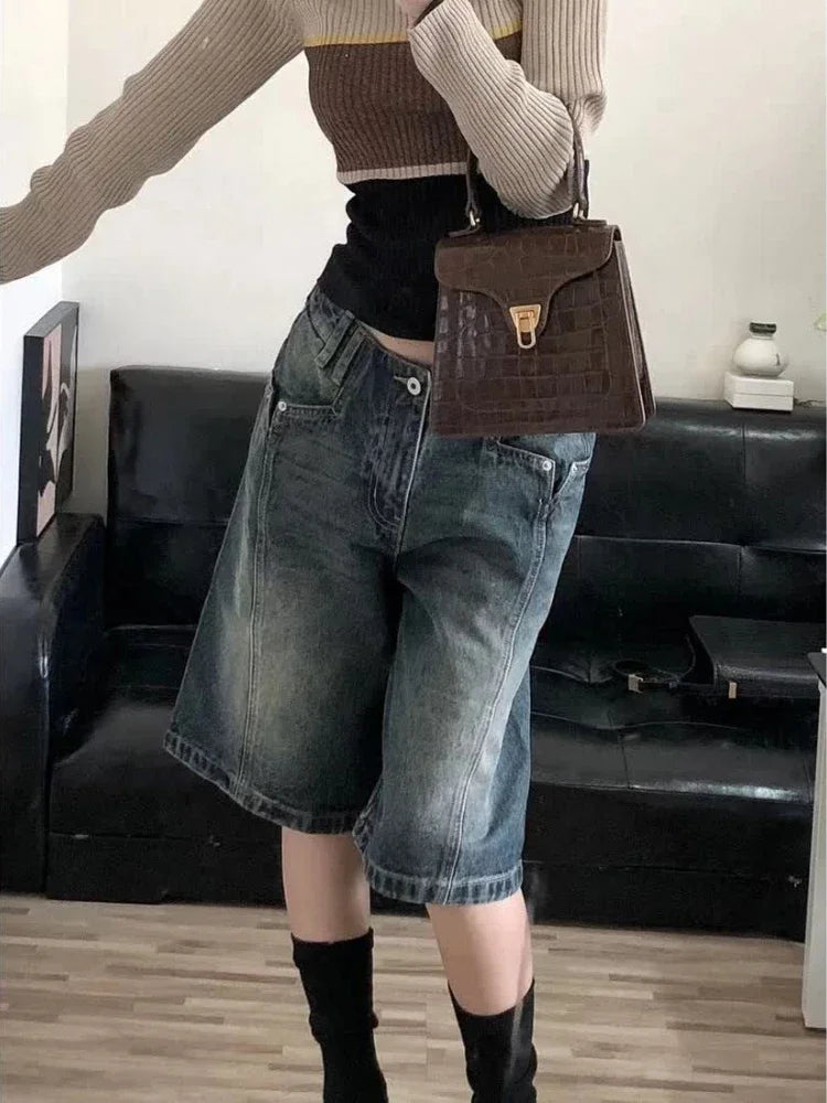 HOUZHOU Y2K Vintage Women Denim Shorts Baggy High Waist Korean Wide Leg Jorts Casual Oversize Washed Jeans Streetwear Summer