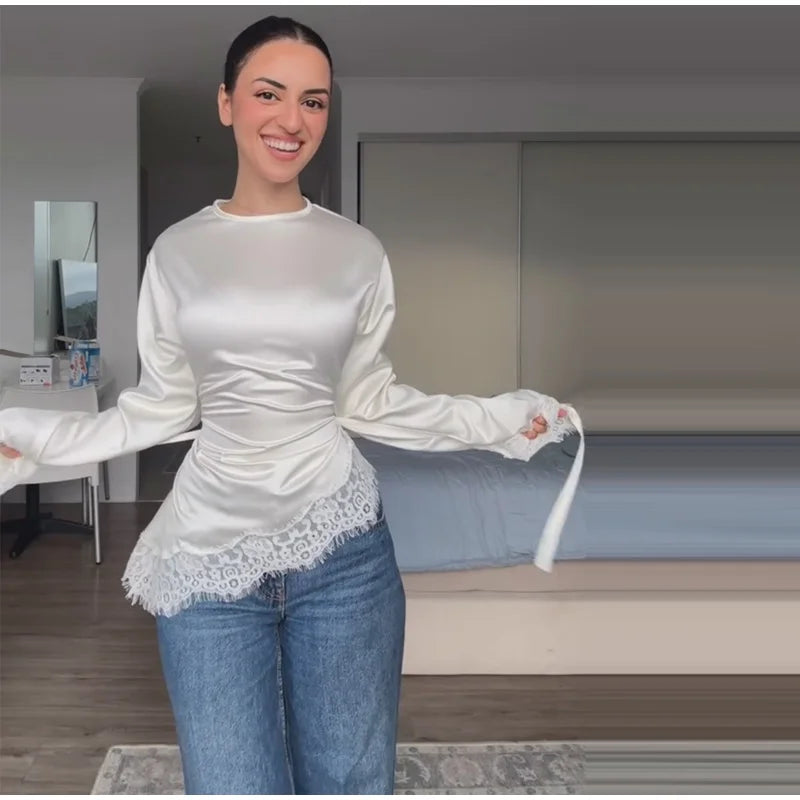 Elegant Satin Lace Patchwork Top Women O-neck Loose Long Sleeves Strappy Female shirt 2026 Spring Autumn Chic Lady T-shirt