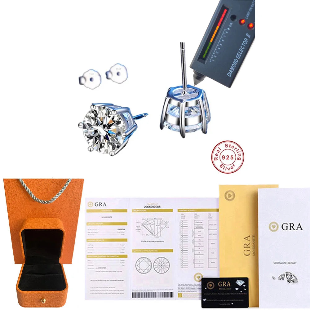 Cbtb 925 Sterling Silver GRA Certified 0.5-3CT Real Moissanite D Color VVS1 Six-jaw Stud Earrings Women Wedding Band Jewelry