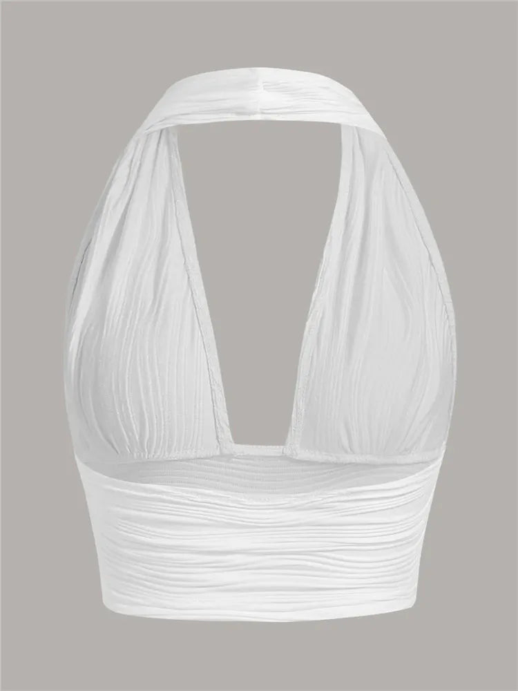Solid White Backless Crop Halter Top Women Summer Y2K Club Grunge Clothes Deep V-neck Backless Sleeveless Tank Top Streetwear