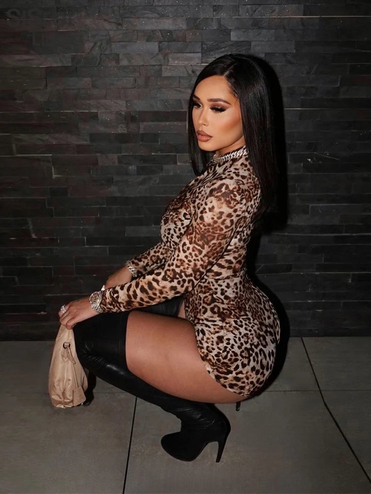 Sisterlinda Summer Release Junior Sexy Above Knee Mini High Street Milk Silk Dress K24Q53153Girl Leopard Color Long Sleeve Dress