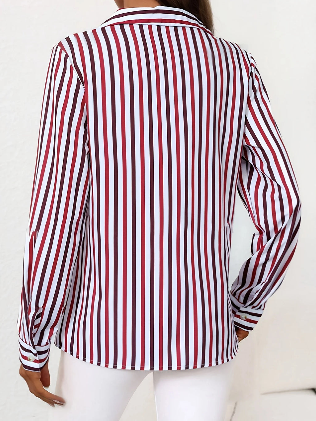 Women's Red & White Striped Button Down Shirt Long Sleeve Casual Blouse