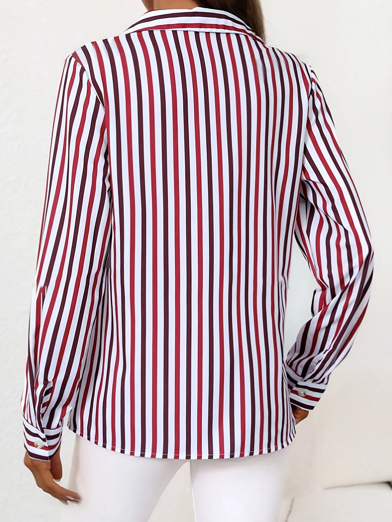 Women's Red & White Striped Button Down Shirt Long Sleeve Casual Blouse