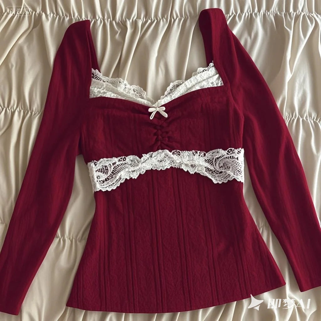 Summer Lace Patchwork Coquette T-shirt Ribbed Knit Slim Fit Milkmaid Tees Women Short Sleeve Y2k Grunge Crop Tops Aesthetic