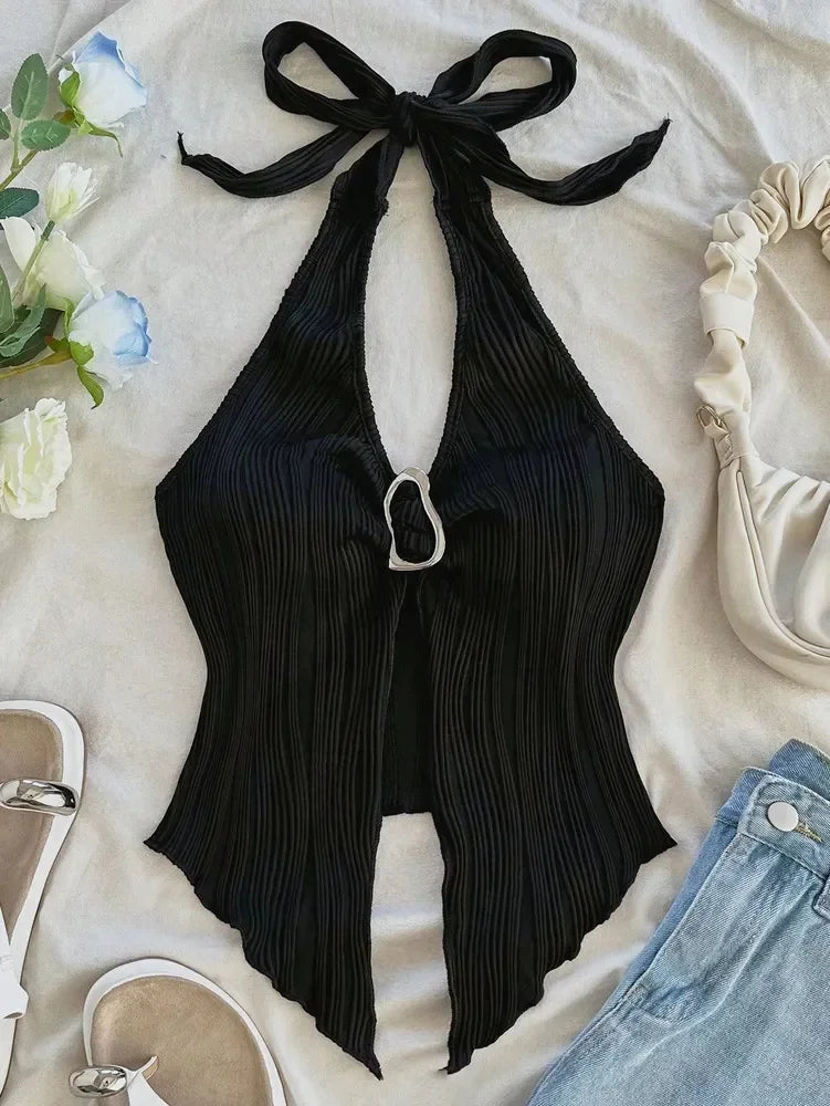 Sexy V-neck Halter Neck Crop Top for Women Summer Sleeveless Solid Split Backless Top Y2K Clothes