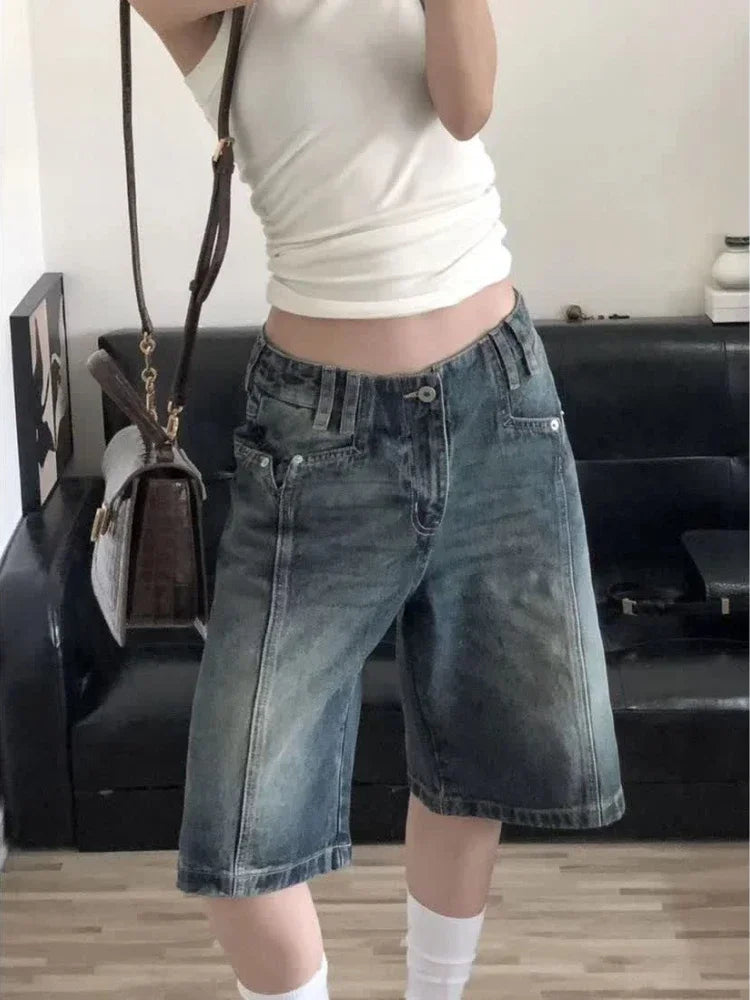 HOUZHOU Y2K Vintage Women Denim Shorts Baggy High Waist Korean Wide Leg Jorts Casual Oversize Washed Jeans Streetwear Summer